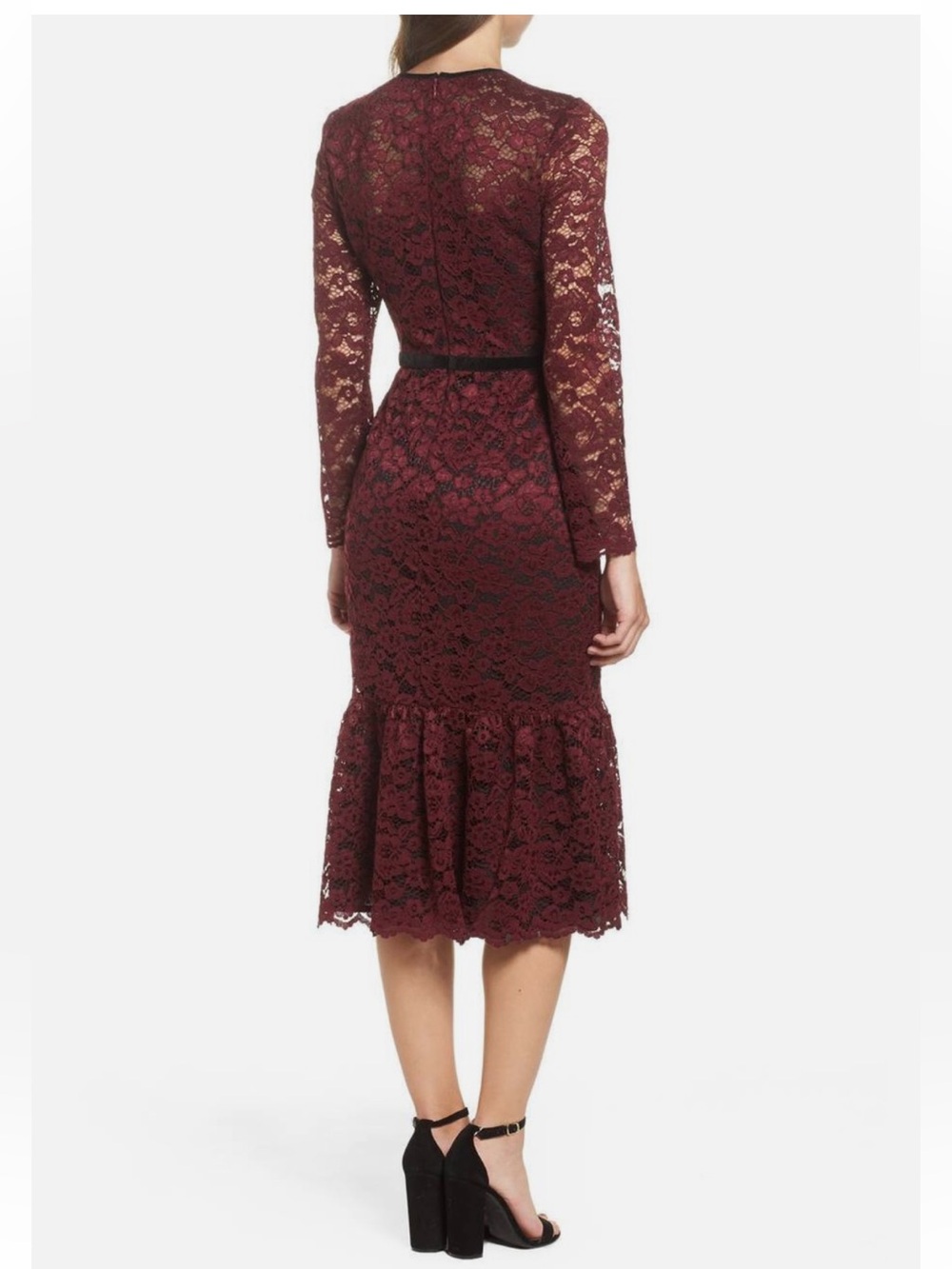 Maggy London Burgundy Lace Long-Sleeve Midi Dress with Black Trim - Picture 2 of 11